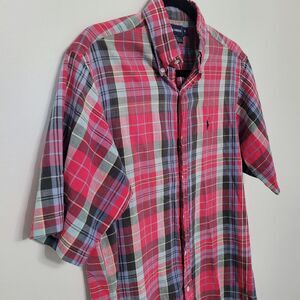 Ralph Lauren Red Plaid Cotton Button Shirt Medium Short Sleeve Vintage Style
